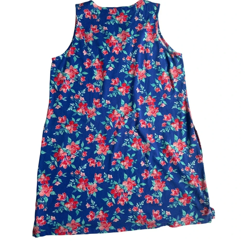 Lands End Blue Floral Cotton Sleeveless Split Neck Shift Dress L 14-16